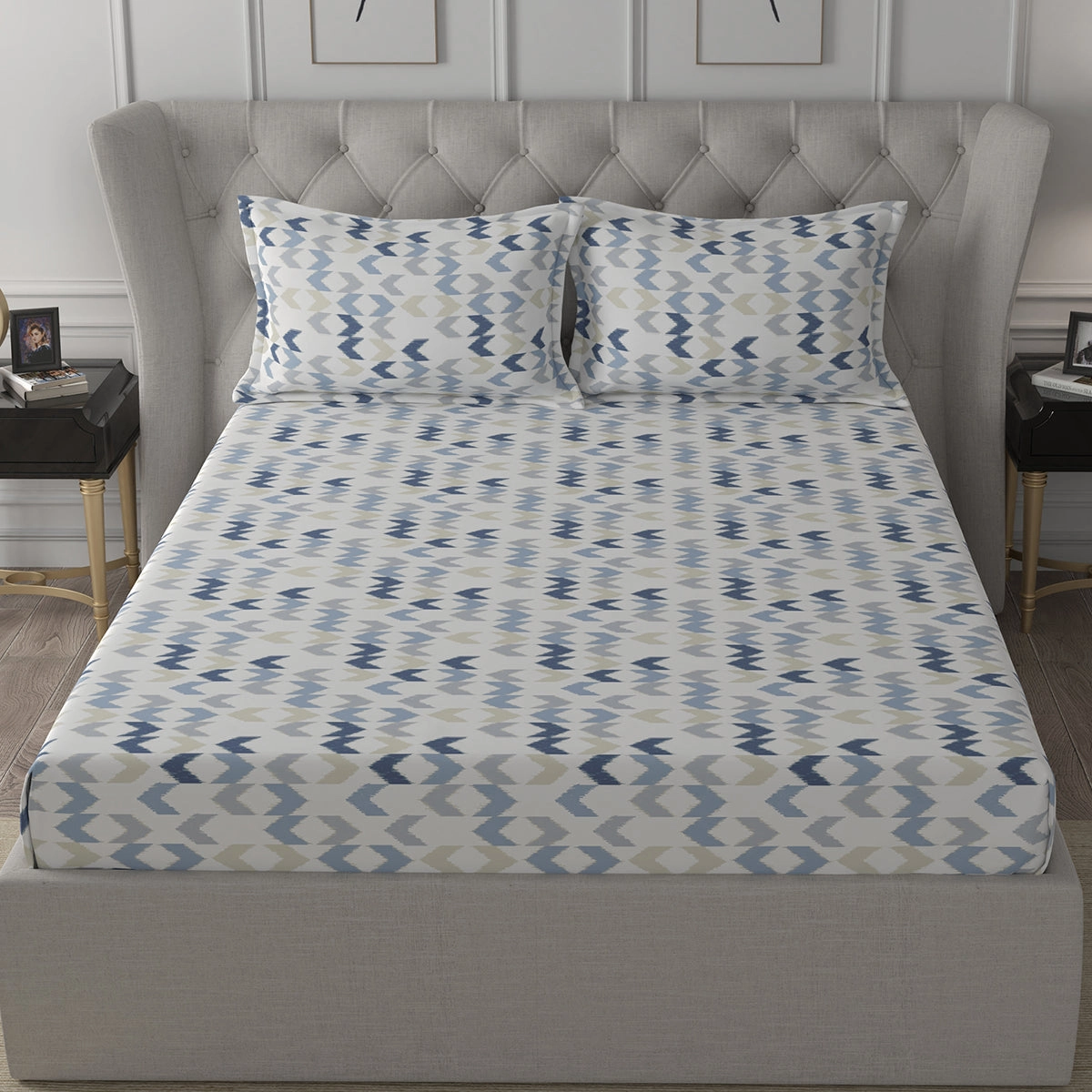Inhouse Ardour Ingrid Printed 200 TC 100% Cotton Blue Bed Sheet with Pillow Case
