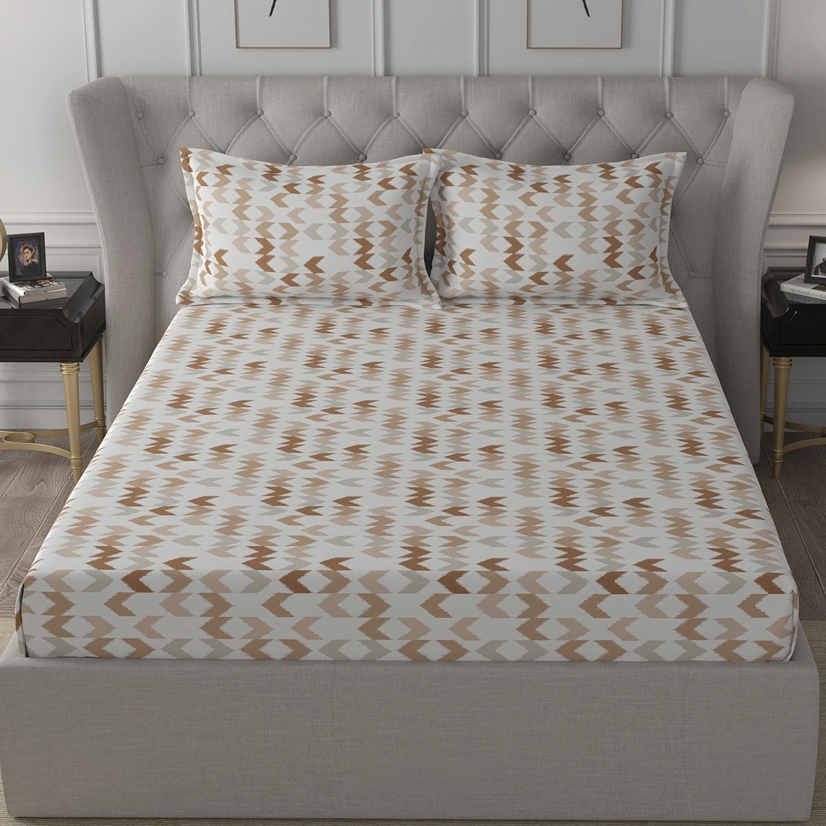 Inhouse Ardour Ingrid Printed 200 TC 100% Cotton Peach Bed Sheet with Pillow Case