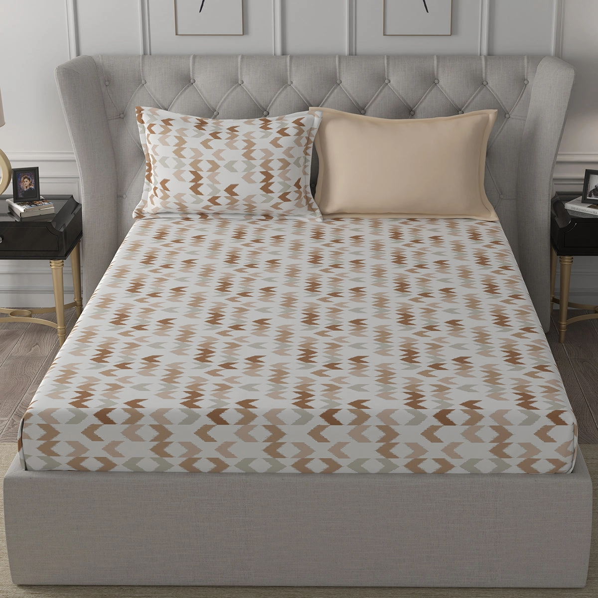 Inhouse Ardour Ingrid Printed 200 TC 100% Cotton Peach Bed Sheet with Pillow Case