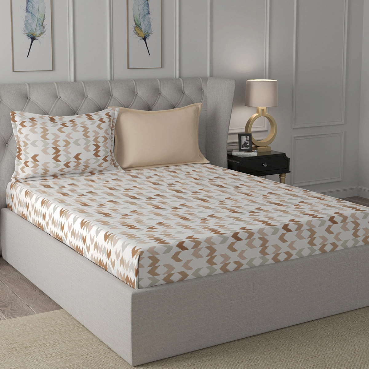 Inhouse Ardour Ingrid Printed 200 TC 100% Cotton Peach Bed Sheet with Pillow Case