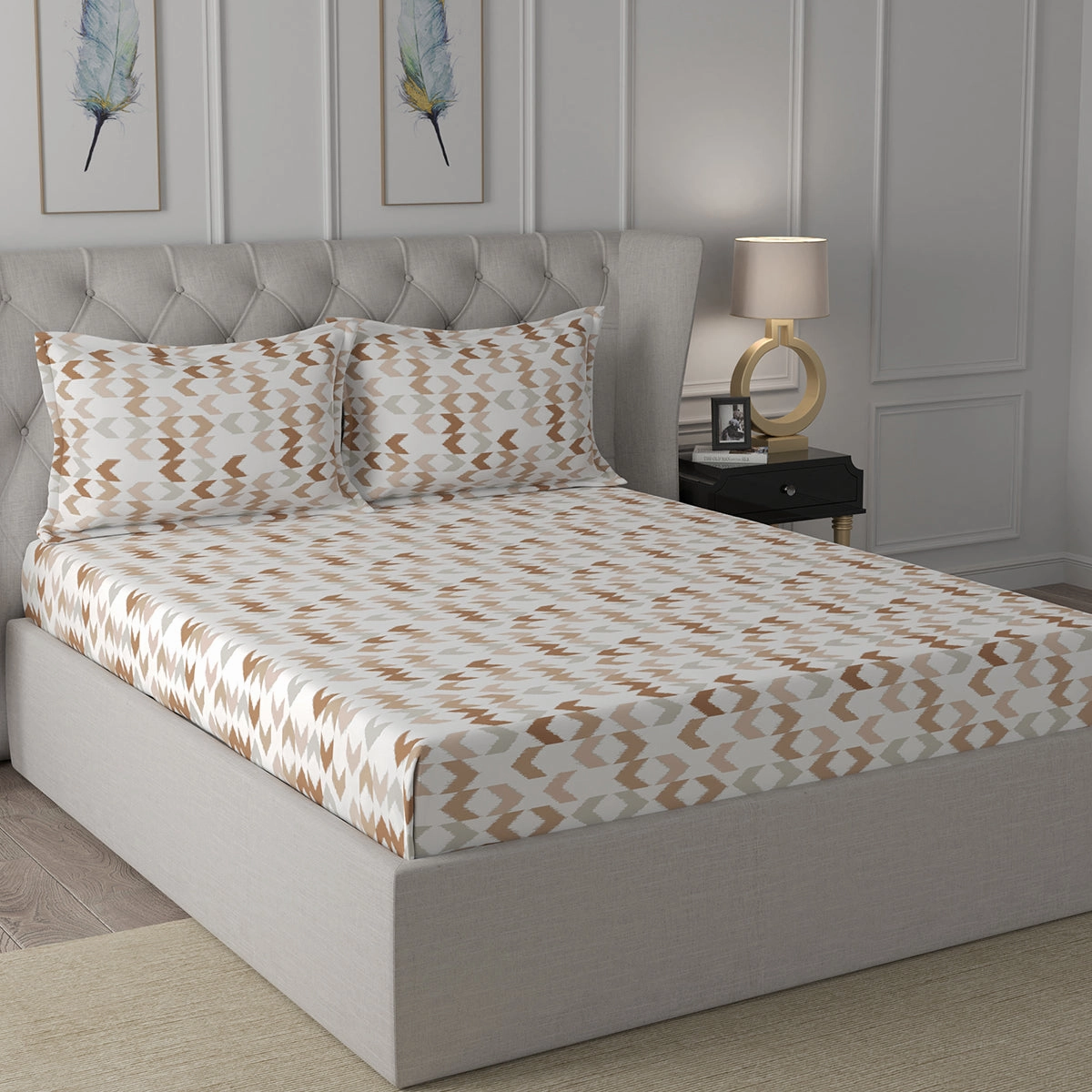 Inhouse Ardour Ingrid Printed 200 TC 100% Cotton Peach Bed Sheet with Pillow Case
