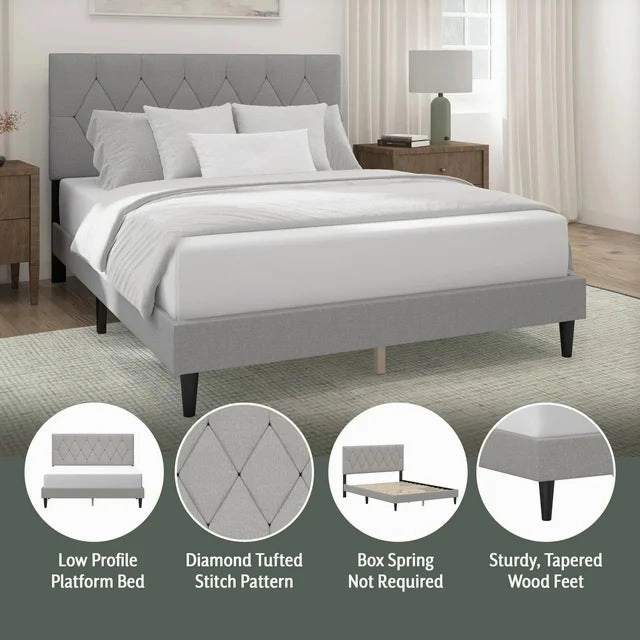 Mainstays MS44013489710GR Hillside Diamond Tufted Upholstered Queen Platform Bed, Gray