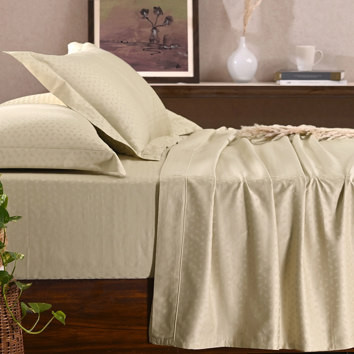 Maspar Leaf Self Jacquard 100% Cotton Ultra Soft Bed Sheet with Pillow Case