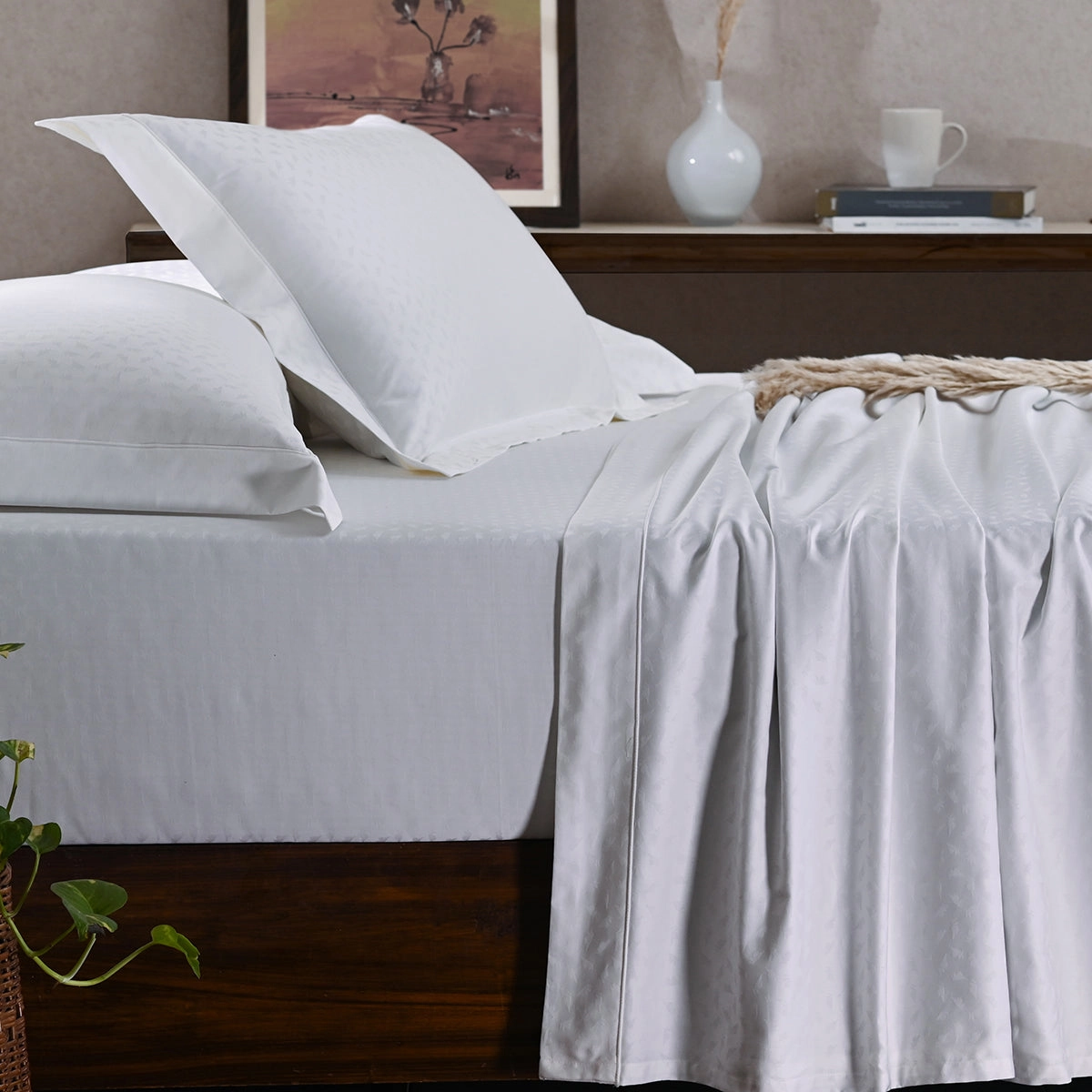 Maspar Leaf Self Jacquard 100% Cotton Ultra Soft Bed Sheet with Pillow Case