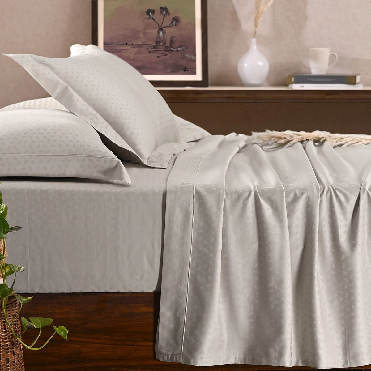 Maspar Leaf Self Jacquard 100% Cotton Ultra Soft Bed Sheet with Pillow Case
