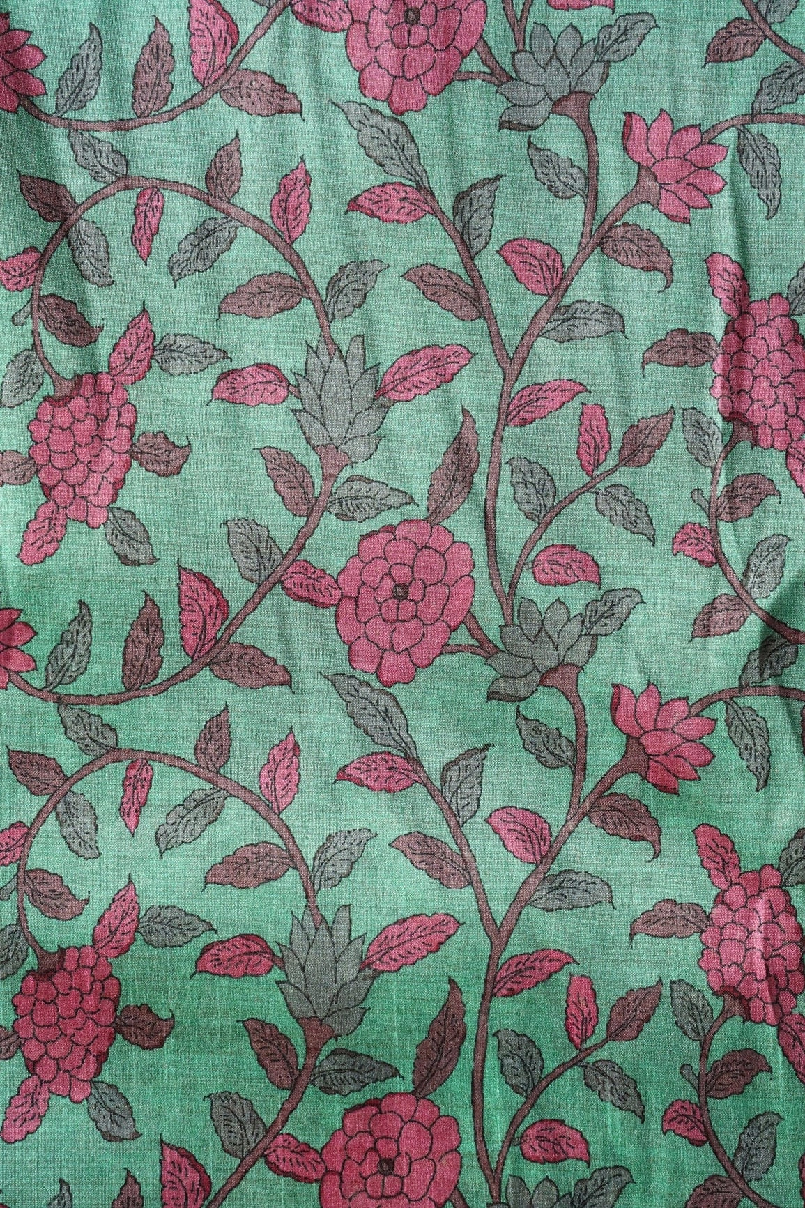 Mint Green Floral Pattern Digital Print On Mulberry Silk Fabric