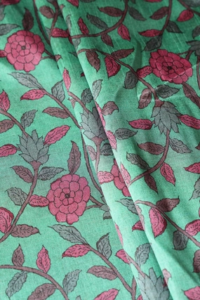 Mint Green Floral Pattern Digital Print On Mulberry Silk Fabric