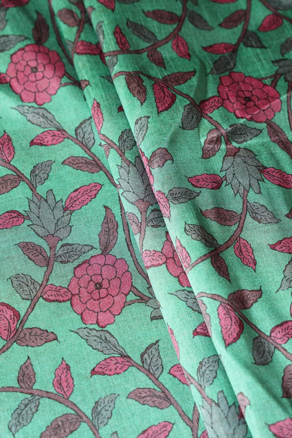 Mint Green Floral Pattern Digital Print On Mulberry Silk Fabric