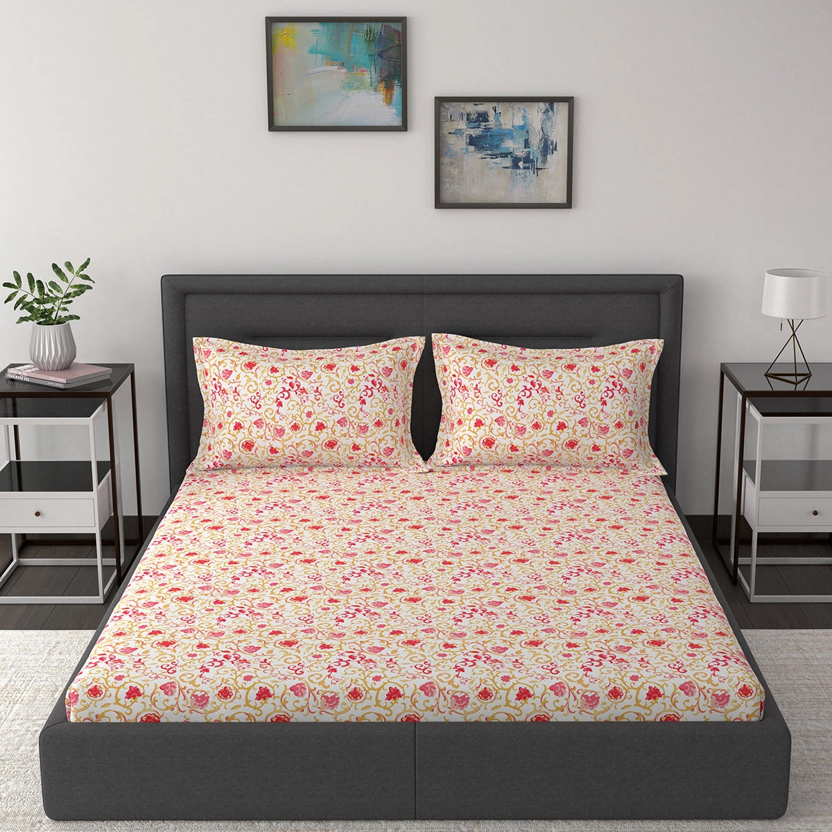 Modern Sanctuary Ethnic Scroll Printed 200 TC 100% Cotton Red Bed Sheet with Pillow Case