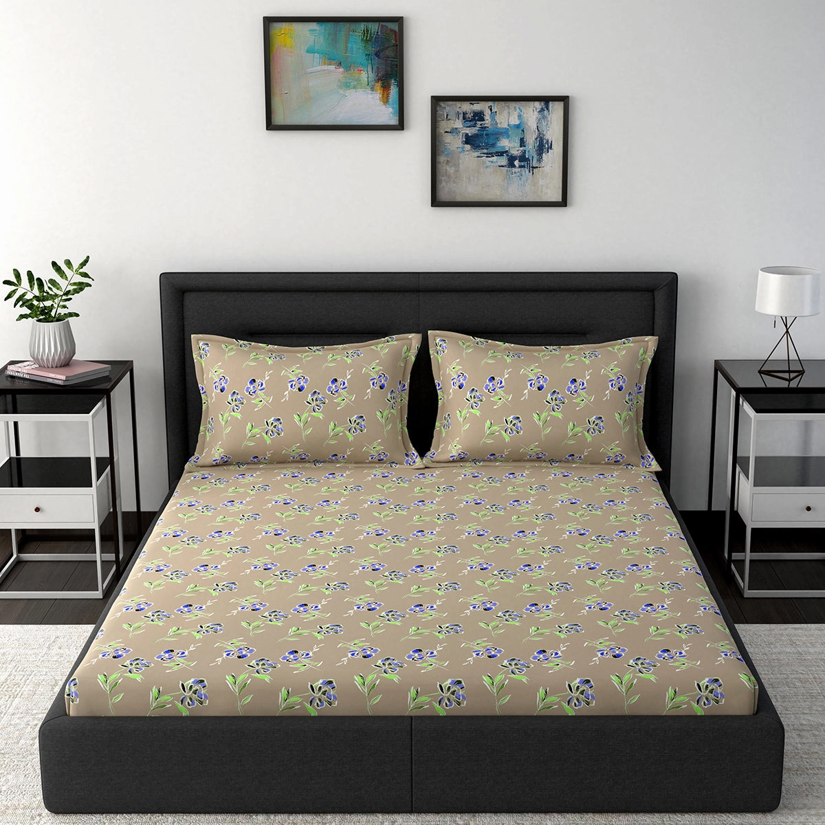Modern Sanctuary Louisa Printed 144 TC 100% Cotton Beige Bed Sheet with Pillow Case