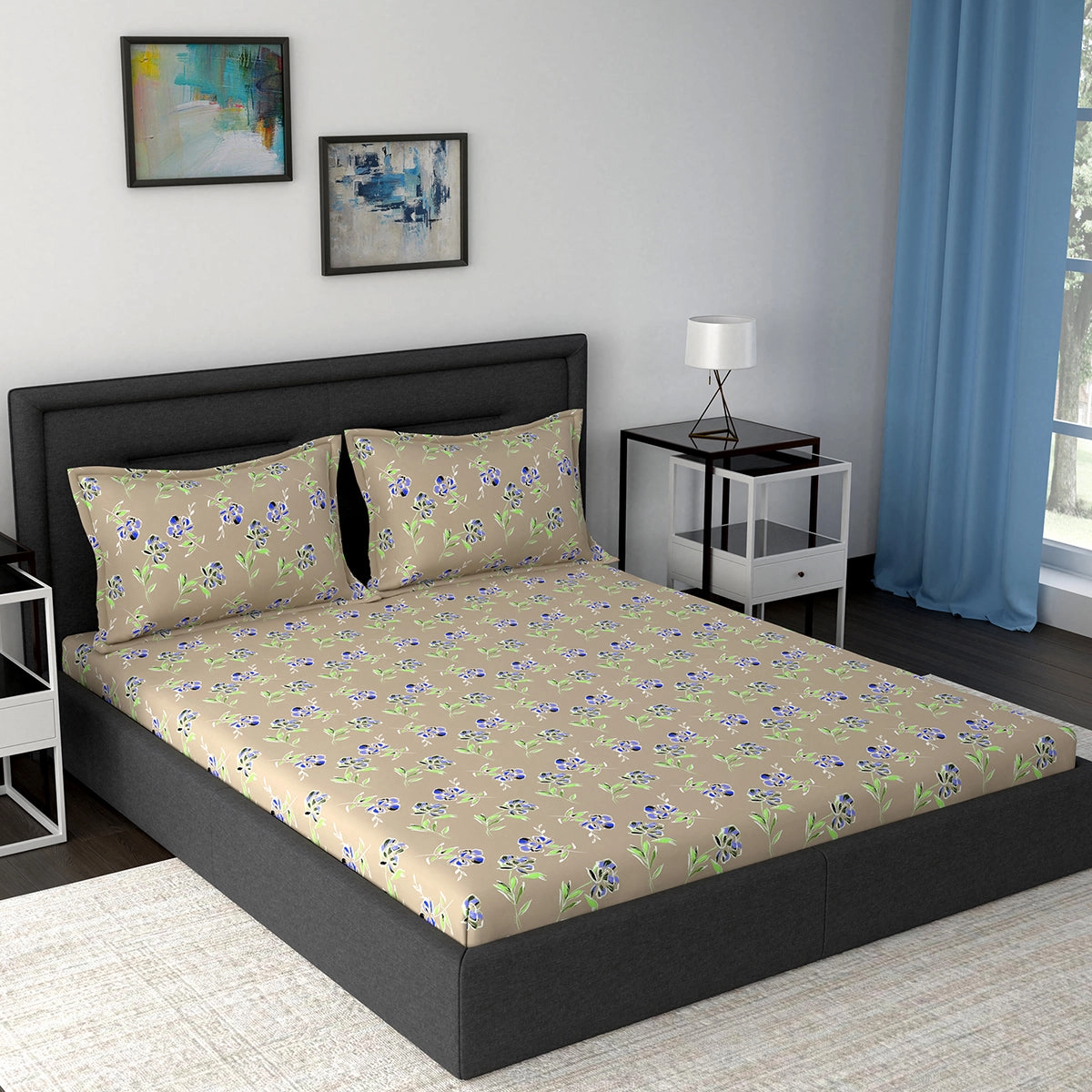 Modern Sanctuary Louisa Printed 144 TC 100% Cotton Beige Bed Sheet with Pillow Case