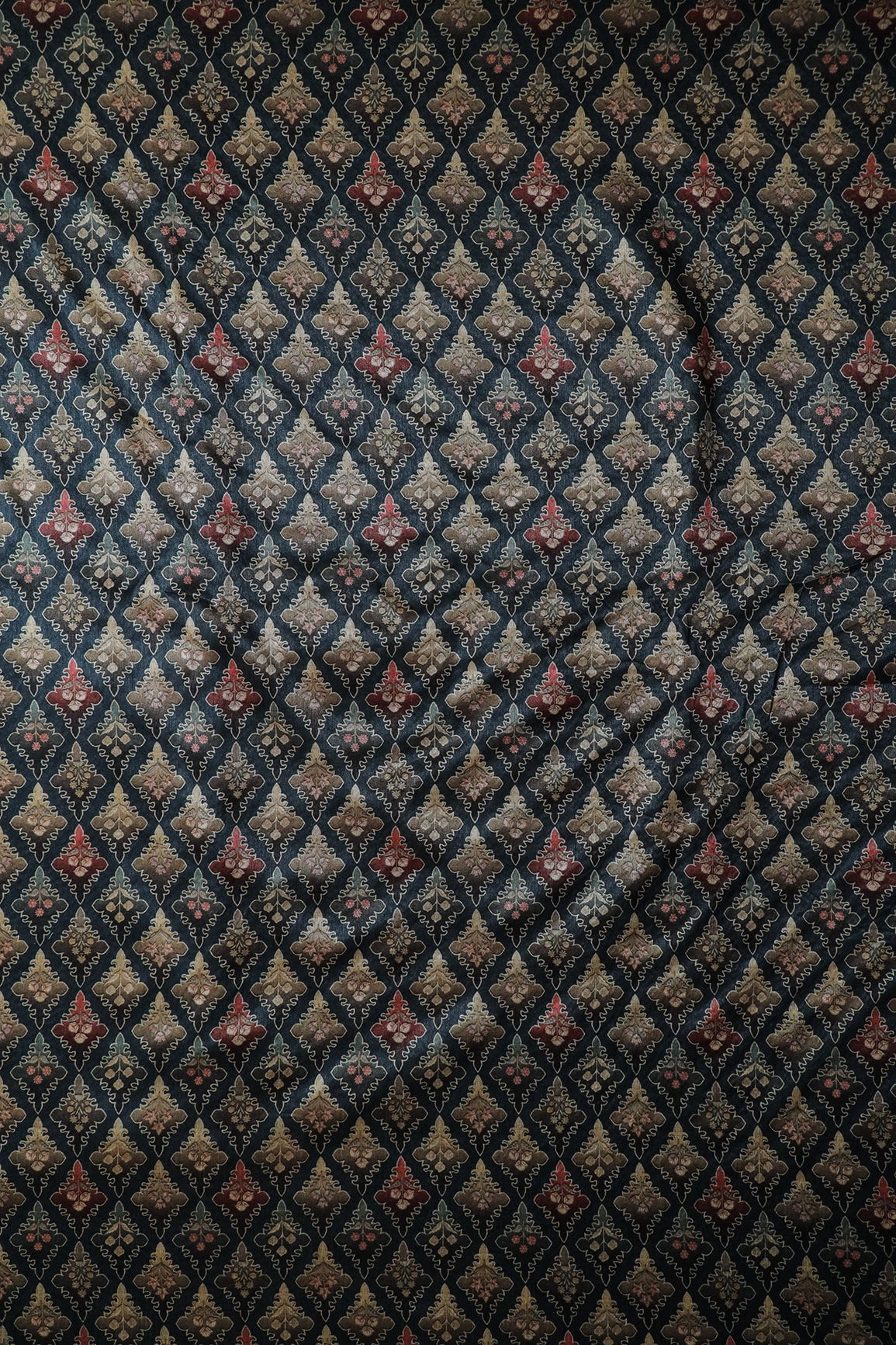 Multi Color Traditional Pattern Digital Print On Blue Mulberry Silk Fabric
