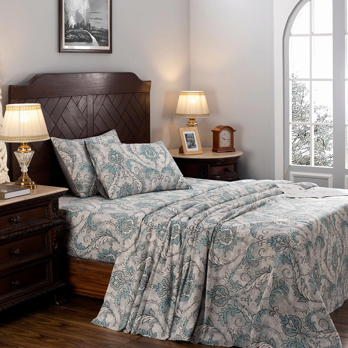Nostalgic Attire Pearl Petal Blue Printed 100% Cotton Soft Bed Sheet with Pillow Case