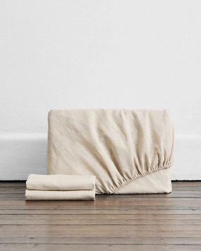 Oatmeal & White Stripe 100% French Flax Linen Fitted Sheet Set