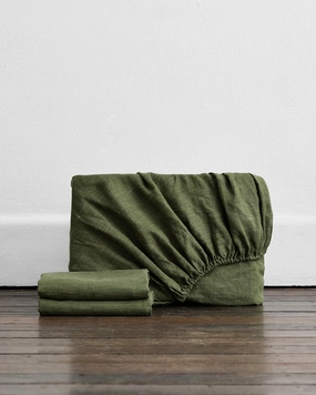 Olive Stripe 100% French Flax Linen Fitted Sheet Set