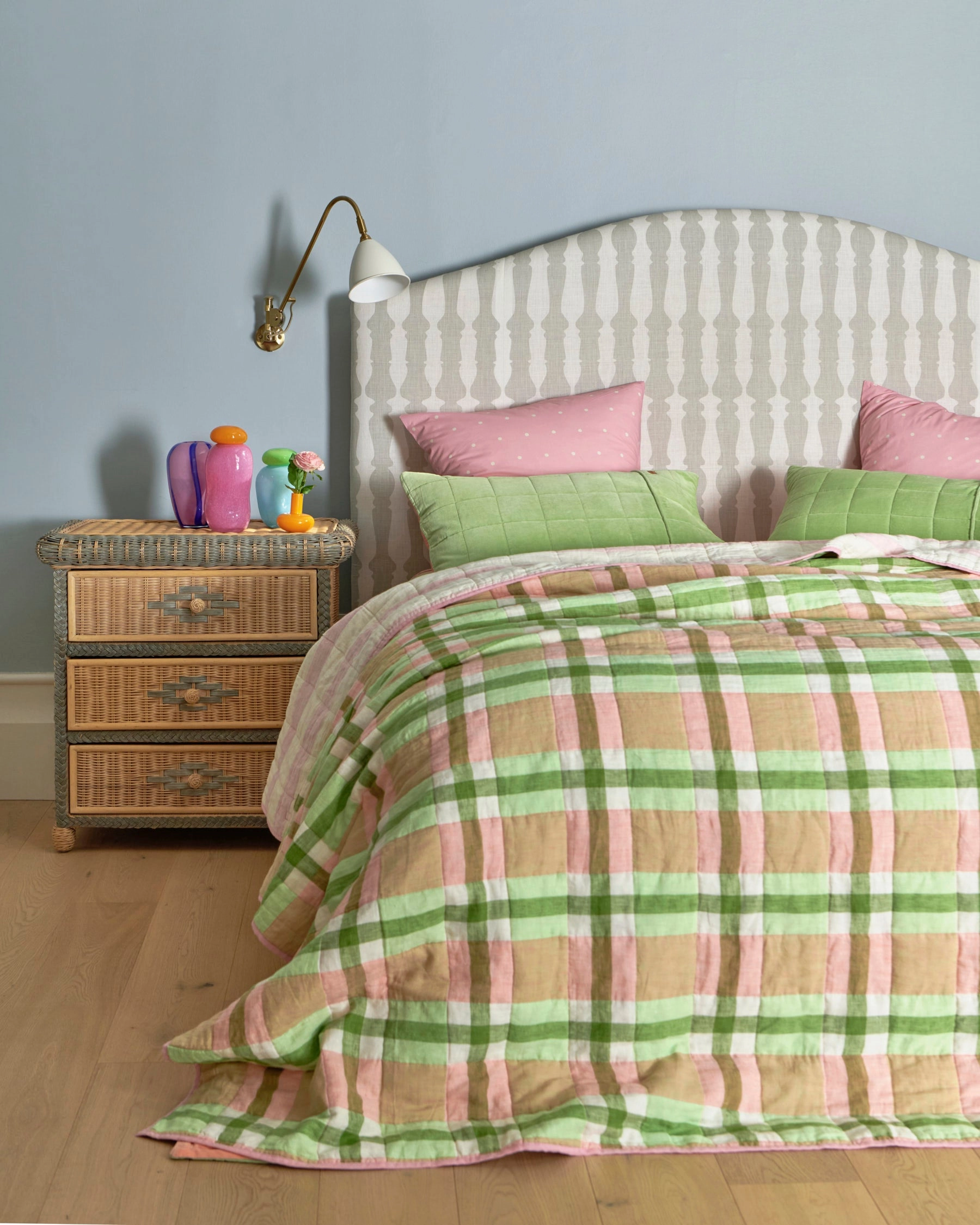 Pistachio Tartan Reversible Linen Quilted Bedspread