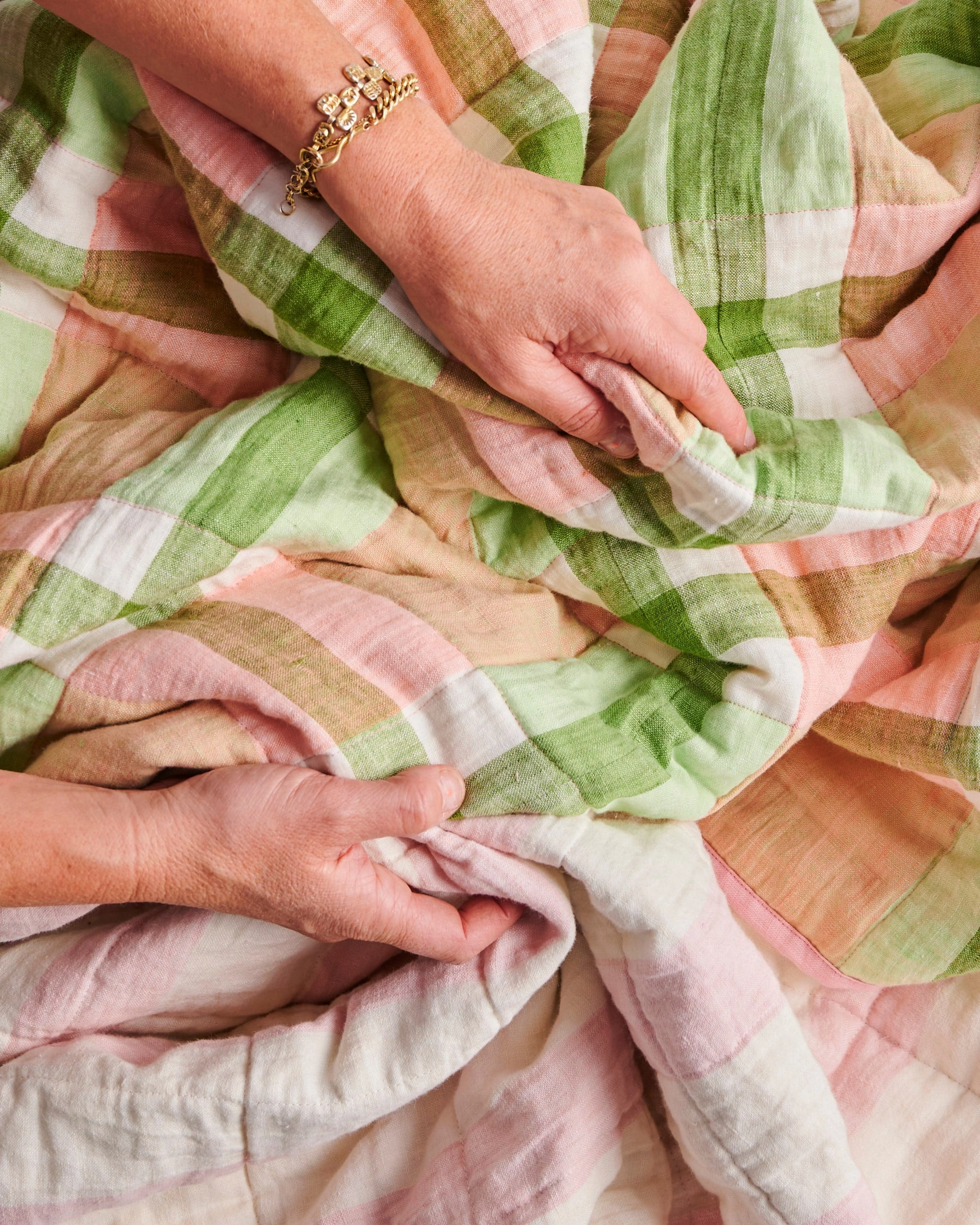 Pistachio Tartan Reversible Linen Quilted Bedspread