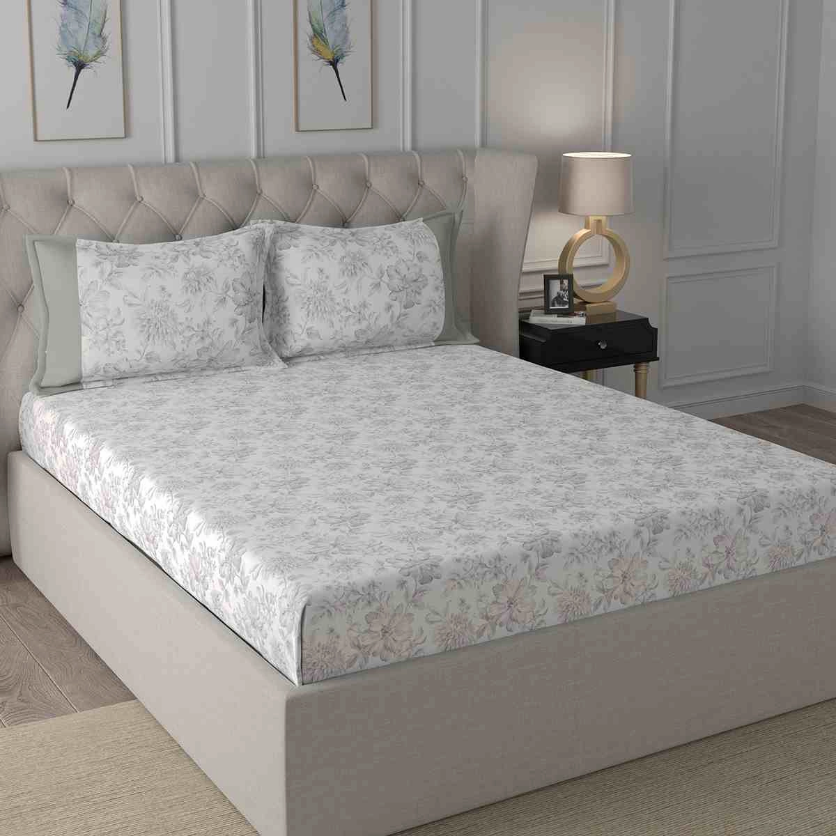 Regency Alicia Printed 210TC 100 %Cotton Neutral Bed Sheet with Pillow Case