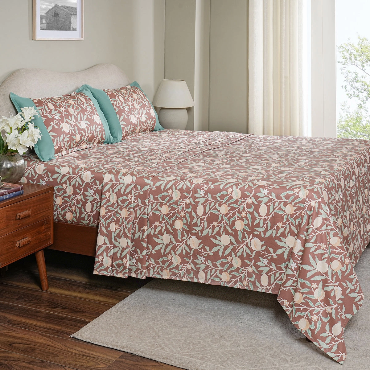 Sensory Bloom Granada 100% Cotton Red Bed Sheet with Pillow Case