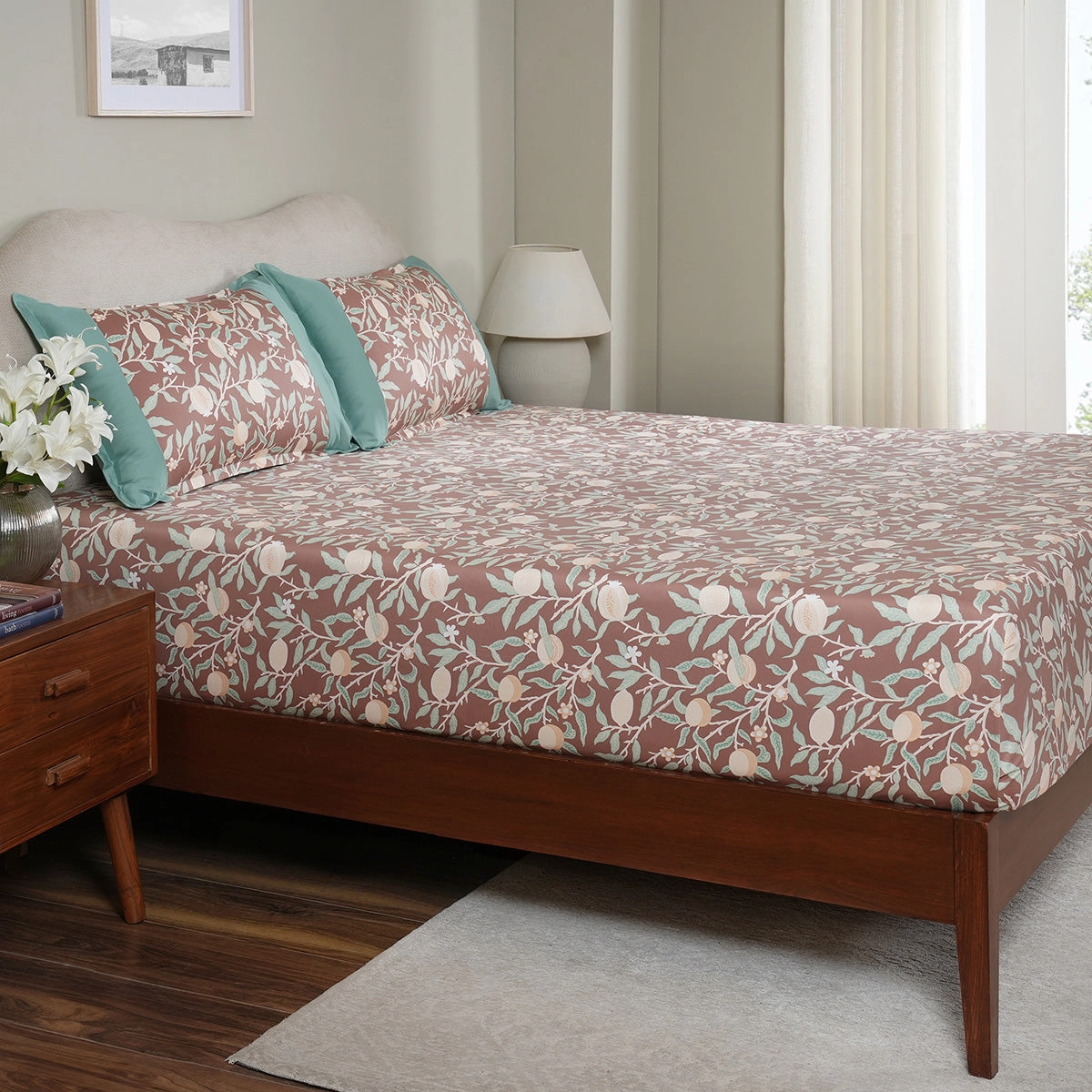 Sensory Bloom Granada 100% Cotton Red Fitted Sheet with Pillow Case