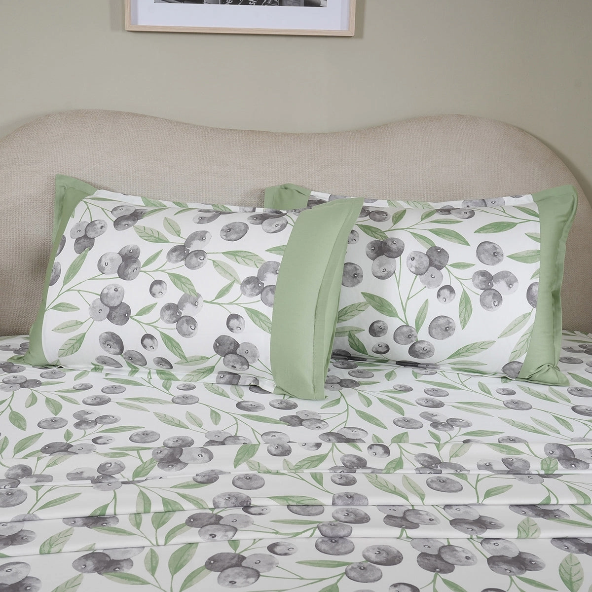 Sensory Bloom Myrtille 100% Cotton Green Bed Sheet with Pillow Case