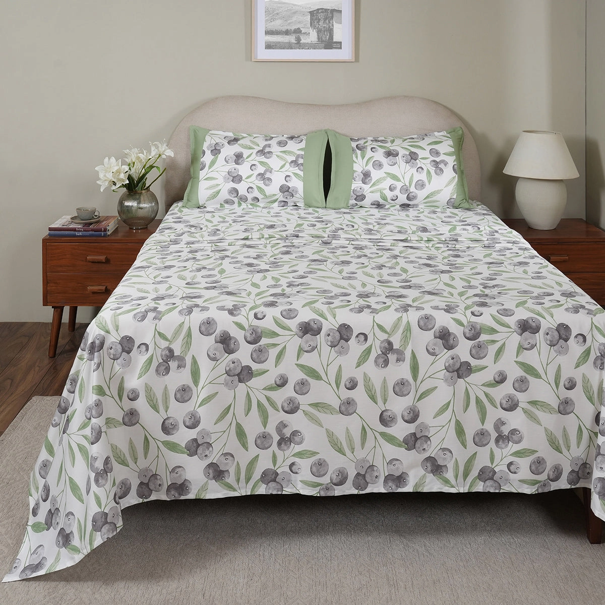 Sensory Bloom Myrtille 100% Cotton Green Bed Sheet with Pillow Case