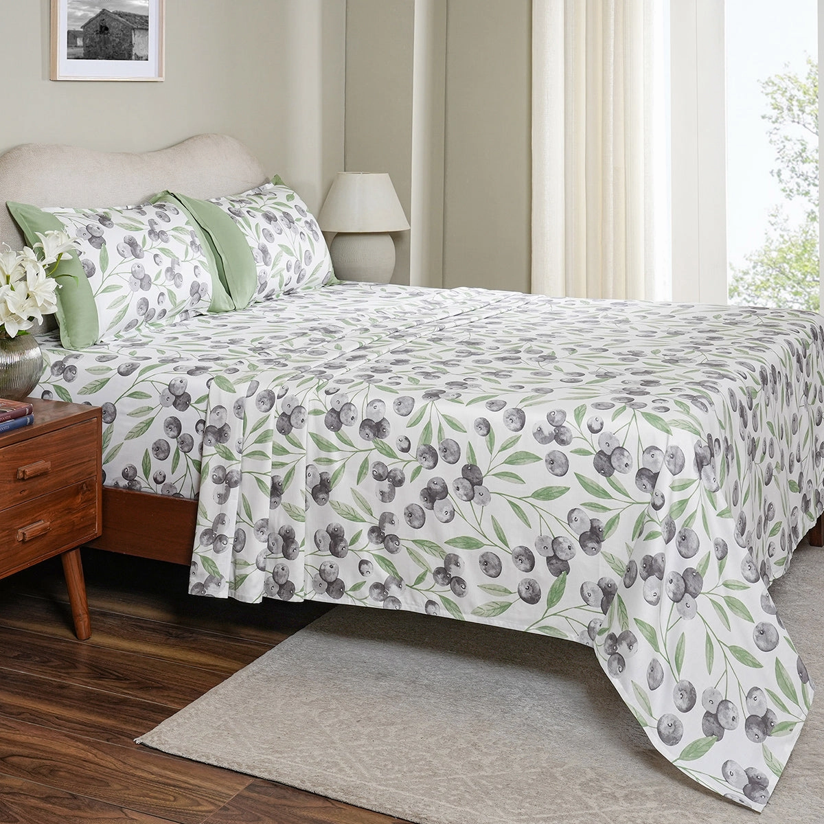 Sensory Bloom Myrtille 100% Cotton Green Bed Sheet with Pillow Case