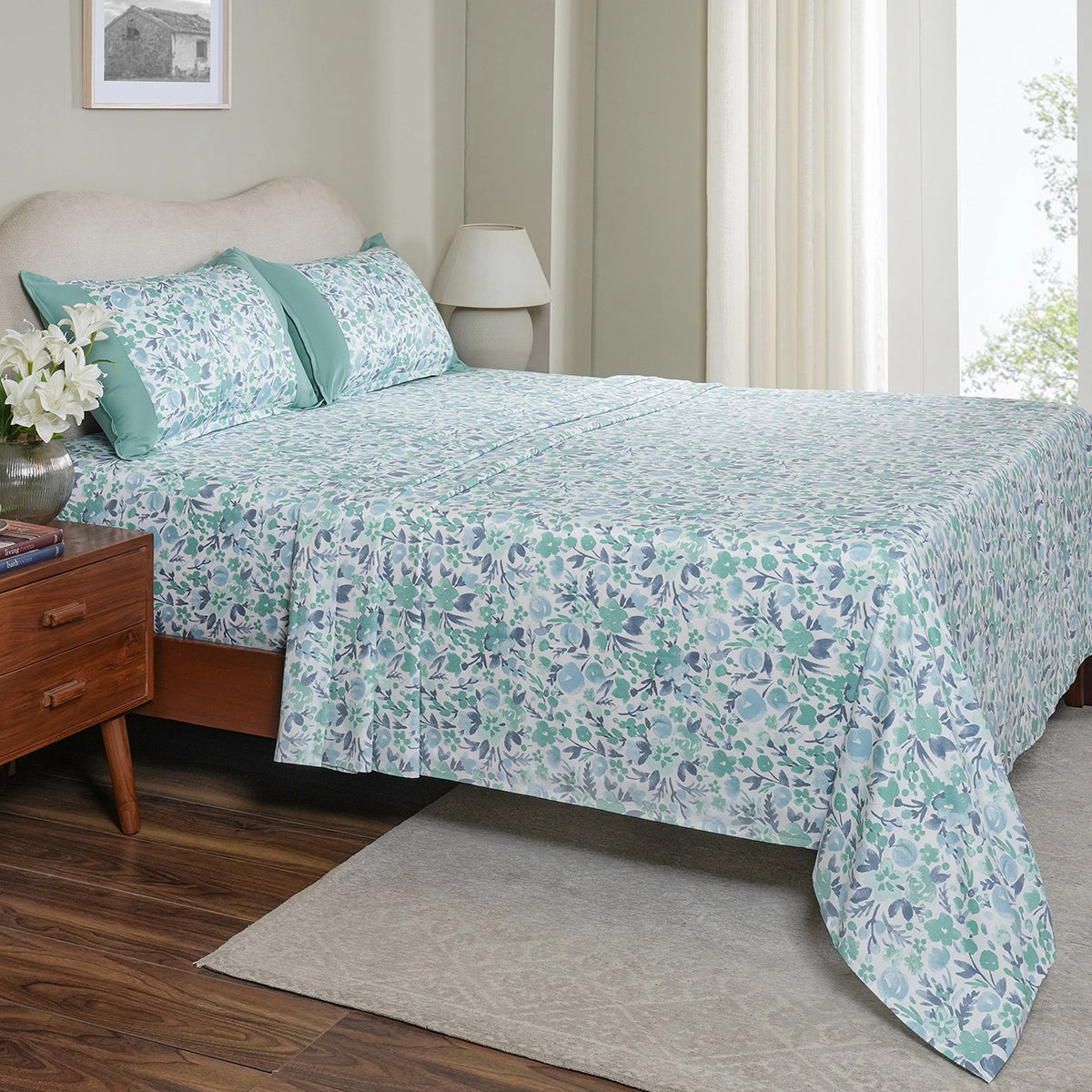 Sensory Bloom Zesty 100% Cotton Aqua Bed Sheet with Pillow Case
