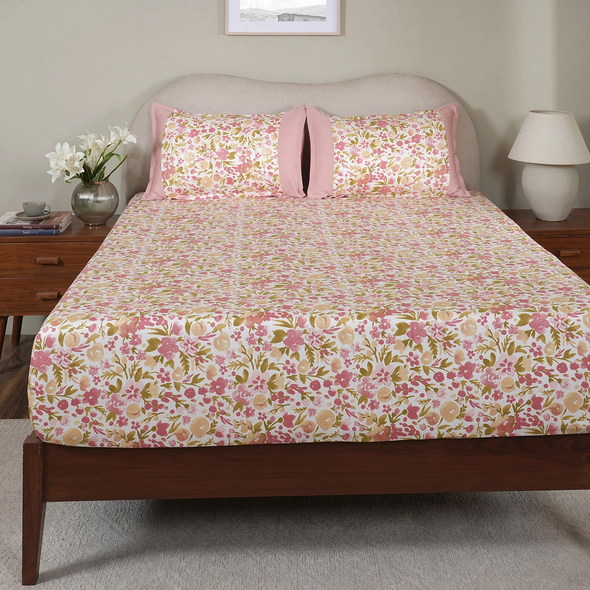 Sensory Bloom Zesty 100% Cotton Pink Fitted Sheet with Pillow Case