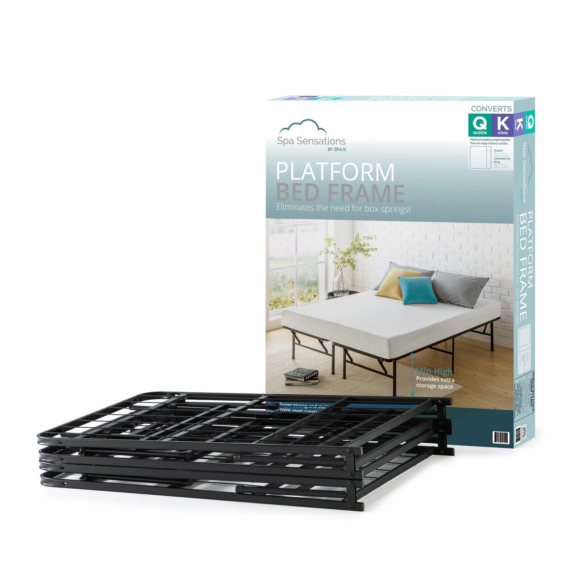 Spa Sensations SBF-STR-N14QK Zinus 14" Metal Smartbase Platform Bed Frame, Queen/King Black