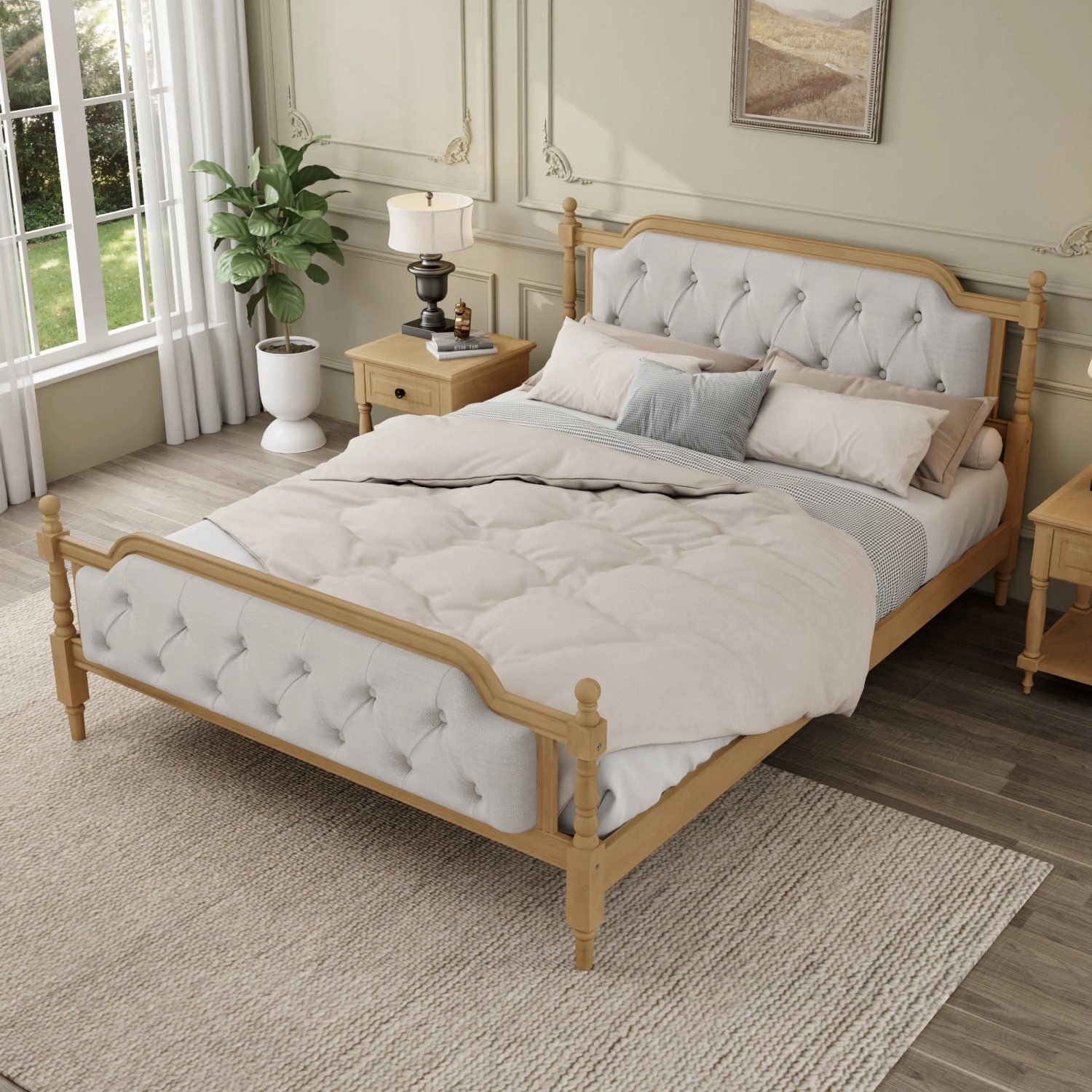 Streamdale Antique Walnut Queen Bed, Tufted Headboard
