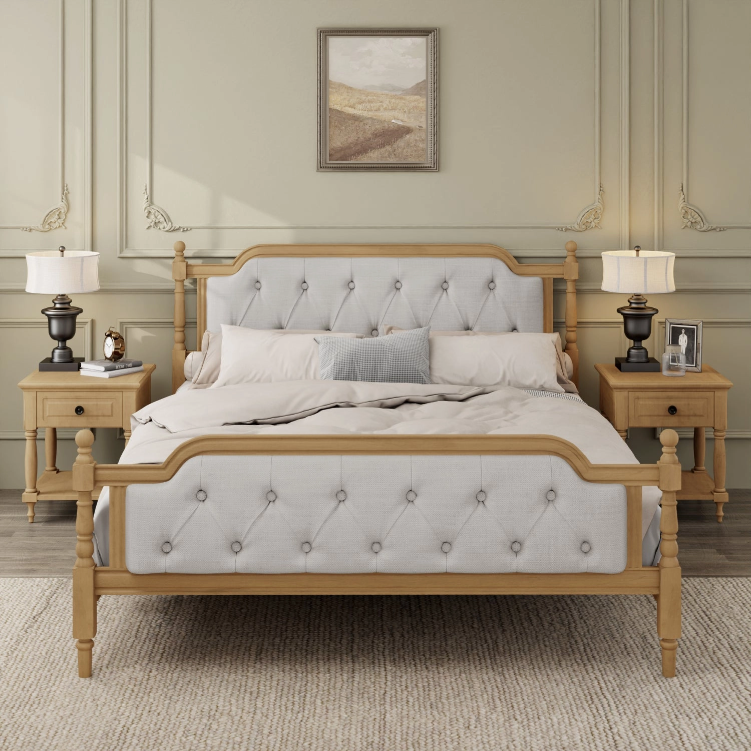 Streamdale Antique Walnut Queen Bed, Tufted Headboard