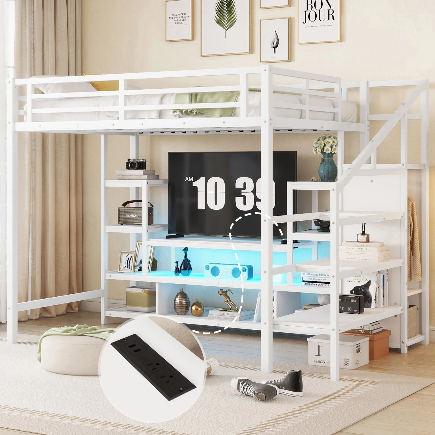 Streamdale Full Size White Metal Loft Bed with Staircase & Wardrobe
