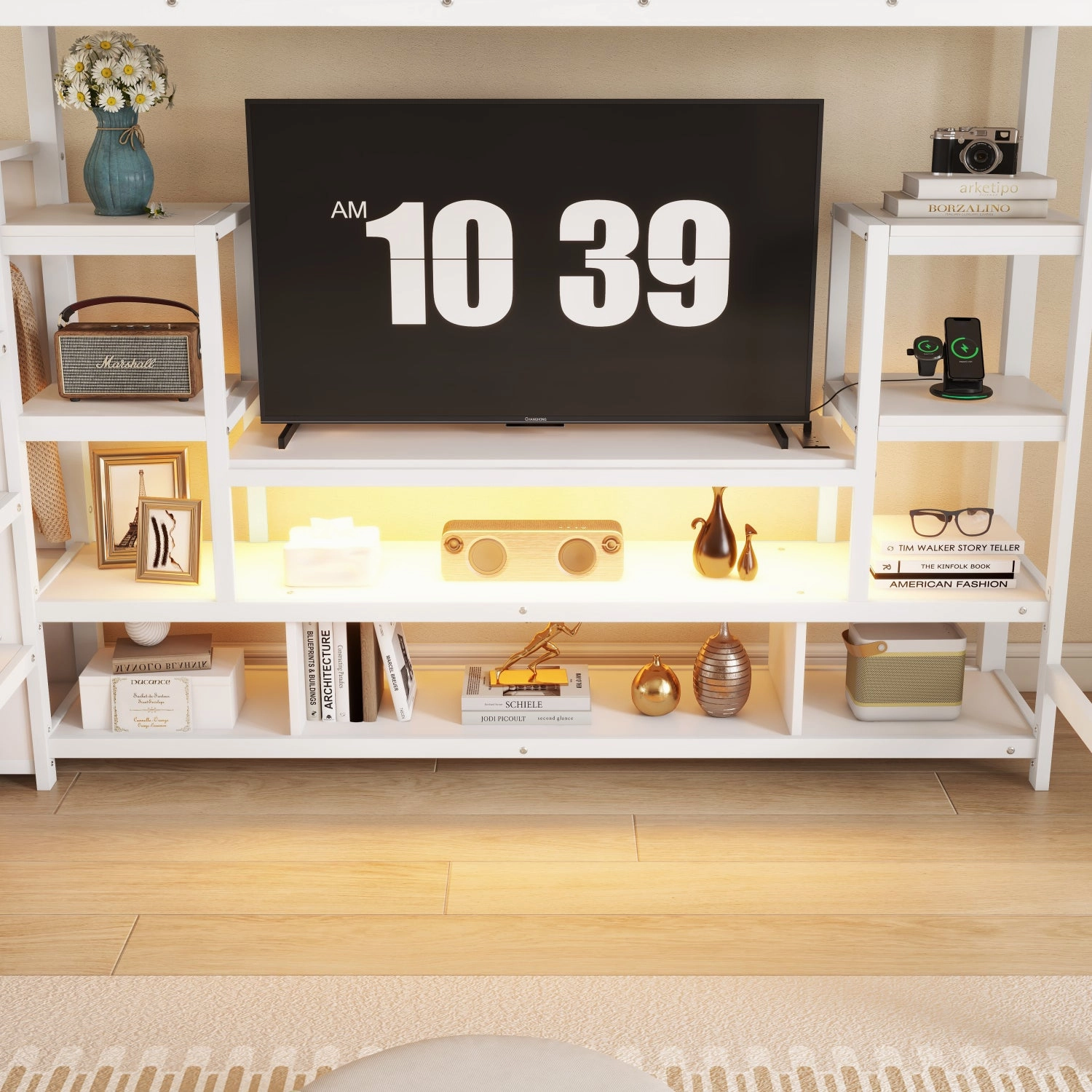 Streamdale Full Size White Metal Loft Bed with Staircase & Wardrobe