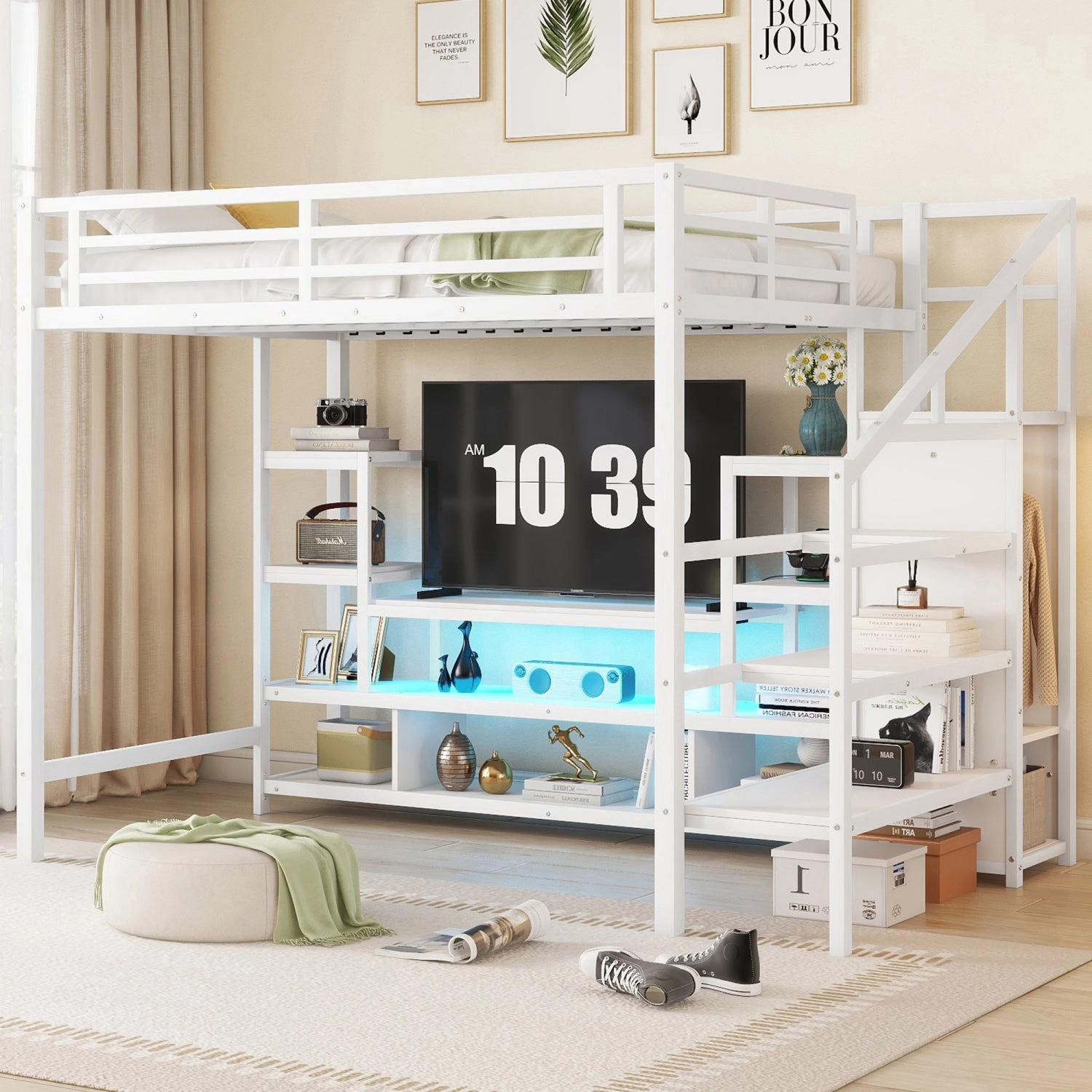 Streamdale Full Size White Metal Loft Bed with Staircase & Wardrobe