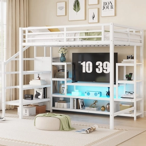 Streamdale Full Size White Metal Loft Bed with Staircase & Wardrobe