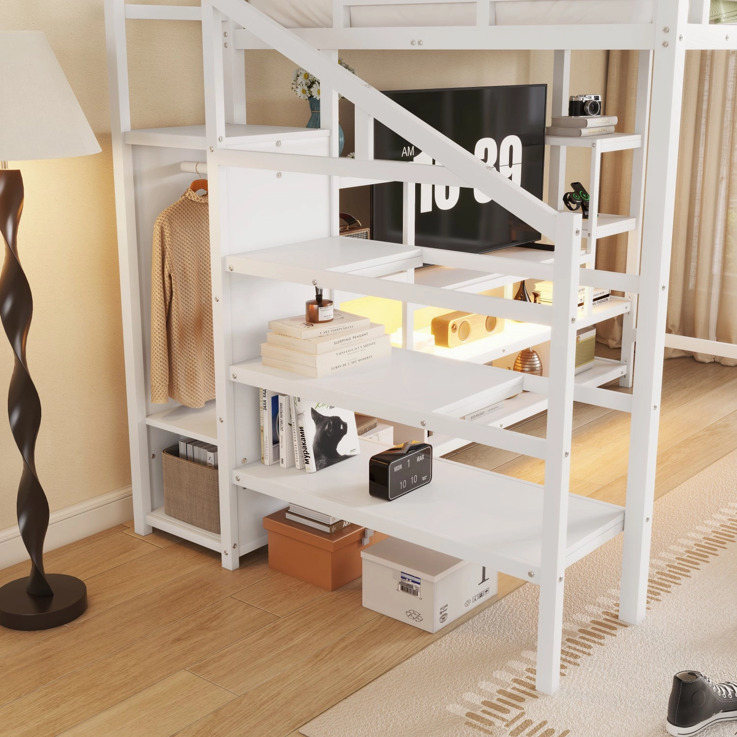 Streamdale Full Size White Metal Loft Bed with Staircase & Wardrobe
