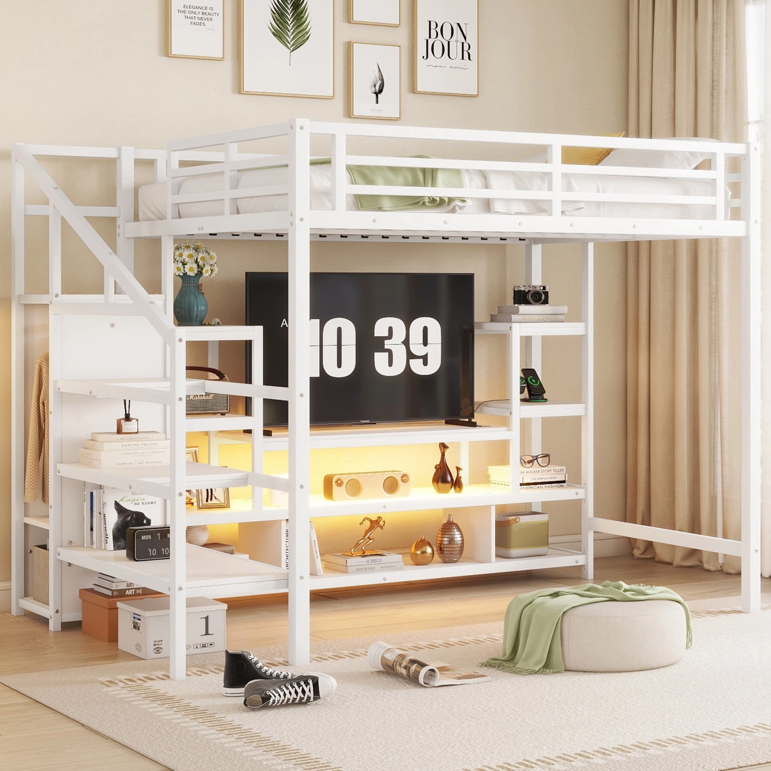 Streamdale Full Size White Metal Loft Bed with Staircase & Wardrobe