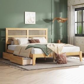 Streamdale King Bed: Rattan Headboard, Storage Drawers, White Oak