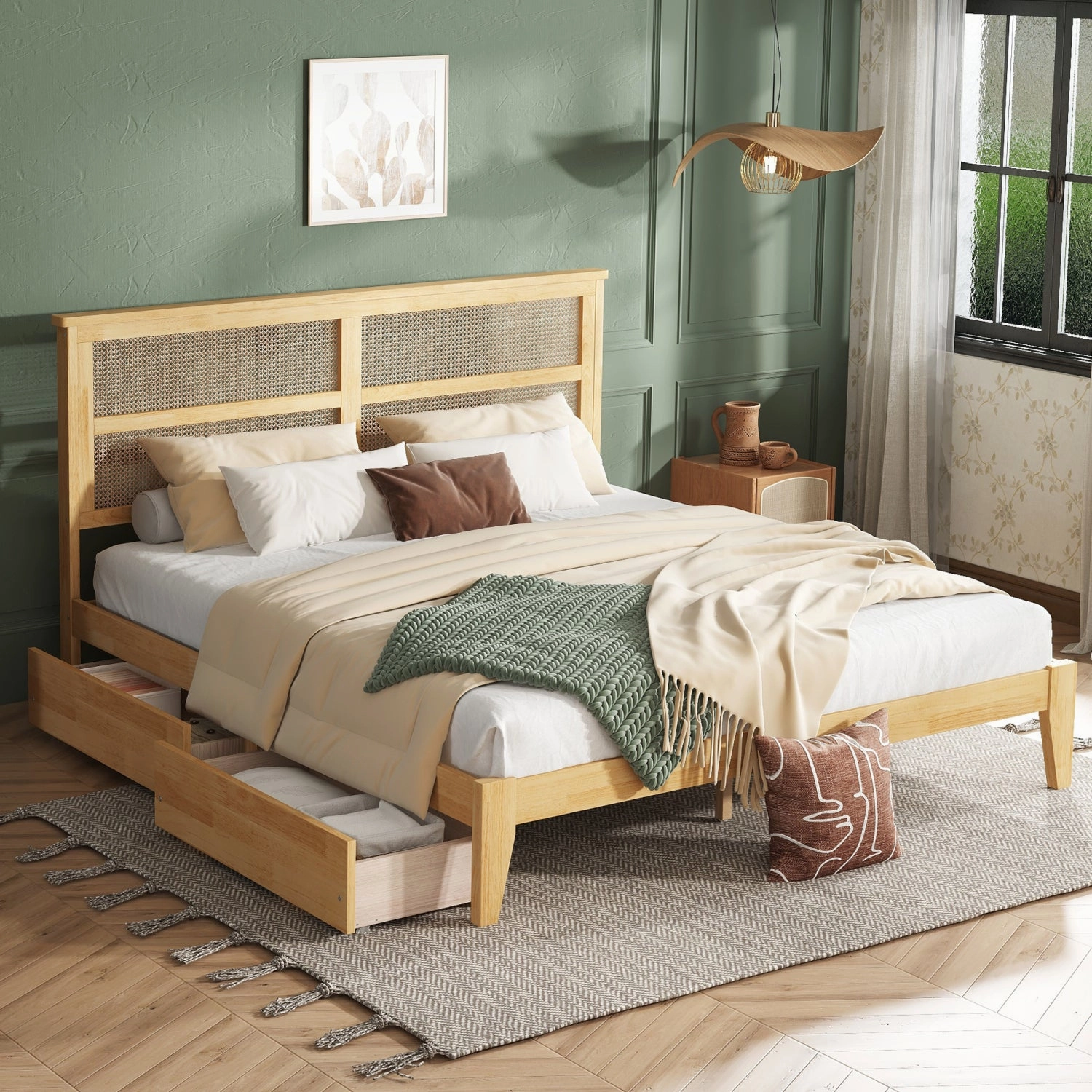 Streamdale King Bed: Rattan Headboard, Storage Drawers, White Oak