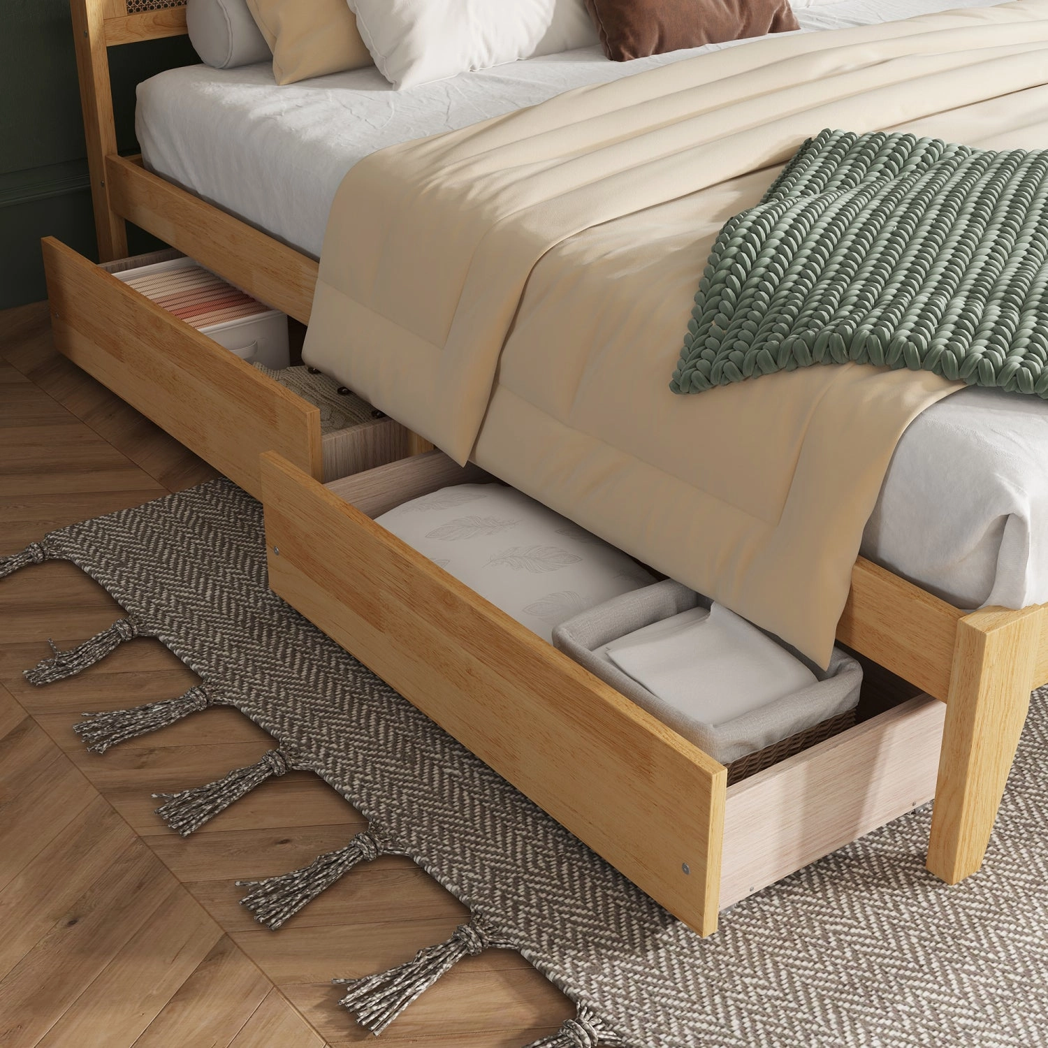 Streamdale King Bed: Rattan Headboard, Storage Drawers, White Oak