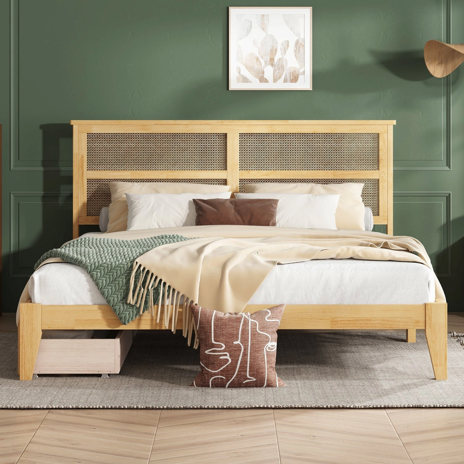 Streamdale King Bed: Rattan Headboard, Storage Drawers, White Oak