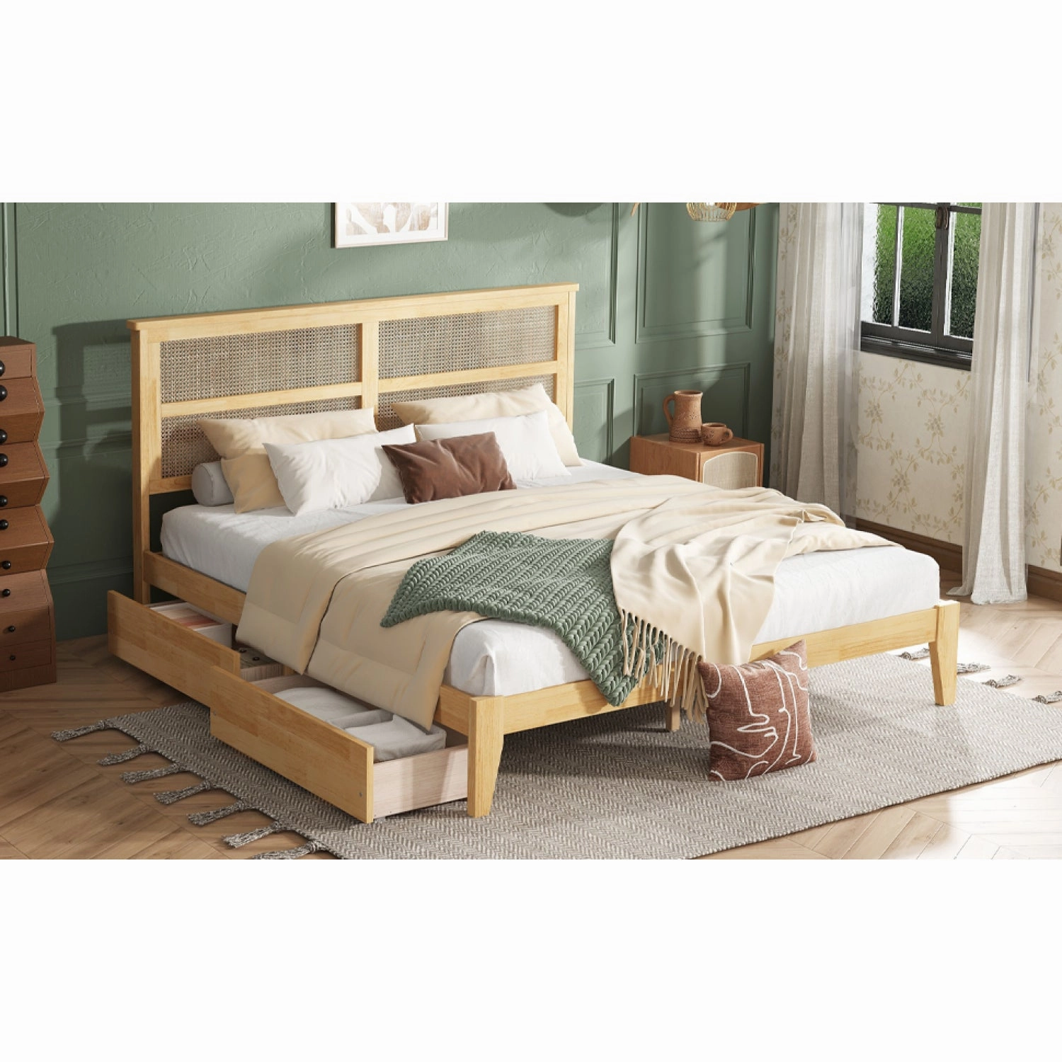 Streamdale King Bed: Rattan Headboard, Storage Drawers, White Oak