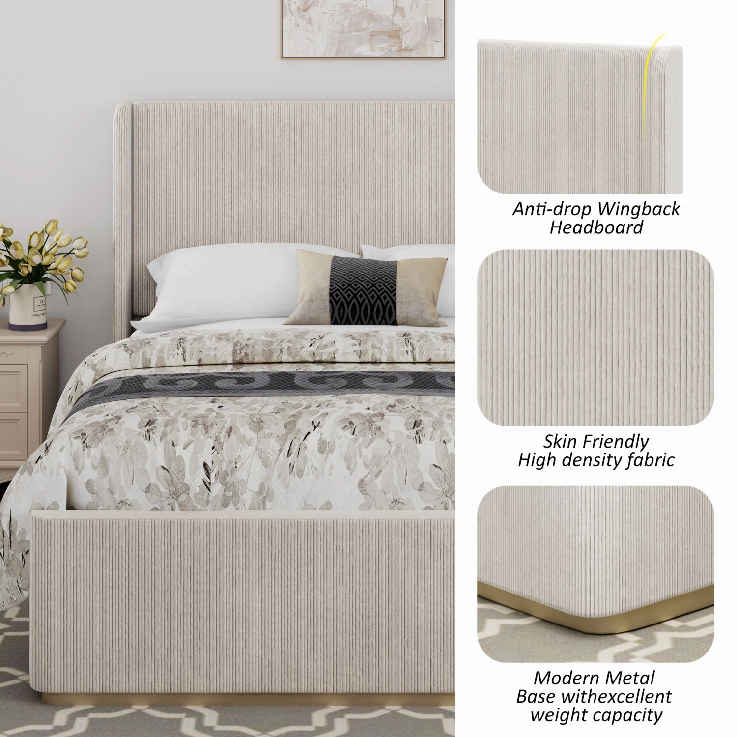 Streamdale Luxurious Corduroy Bed with Storage Ottoman and Wingback Headboard