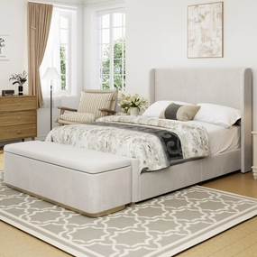 Streamdale Luxurious Corduroy Bed with Storage Ottoman and Wingback Headboard