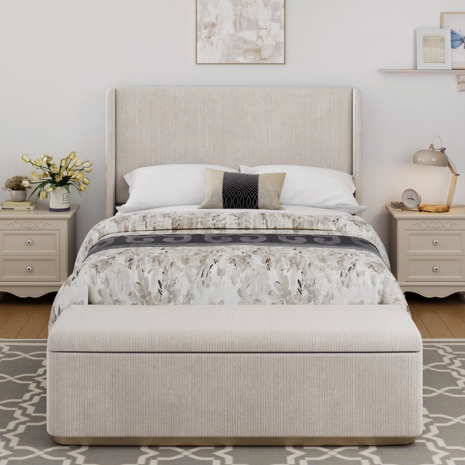 Streamdale Luxurious Corduroy Bed with Storage Ottoman and Wingback Headboard