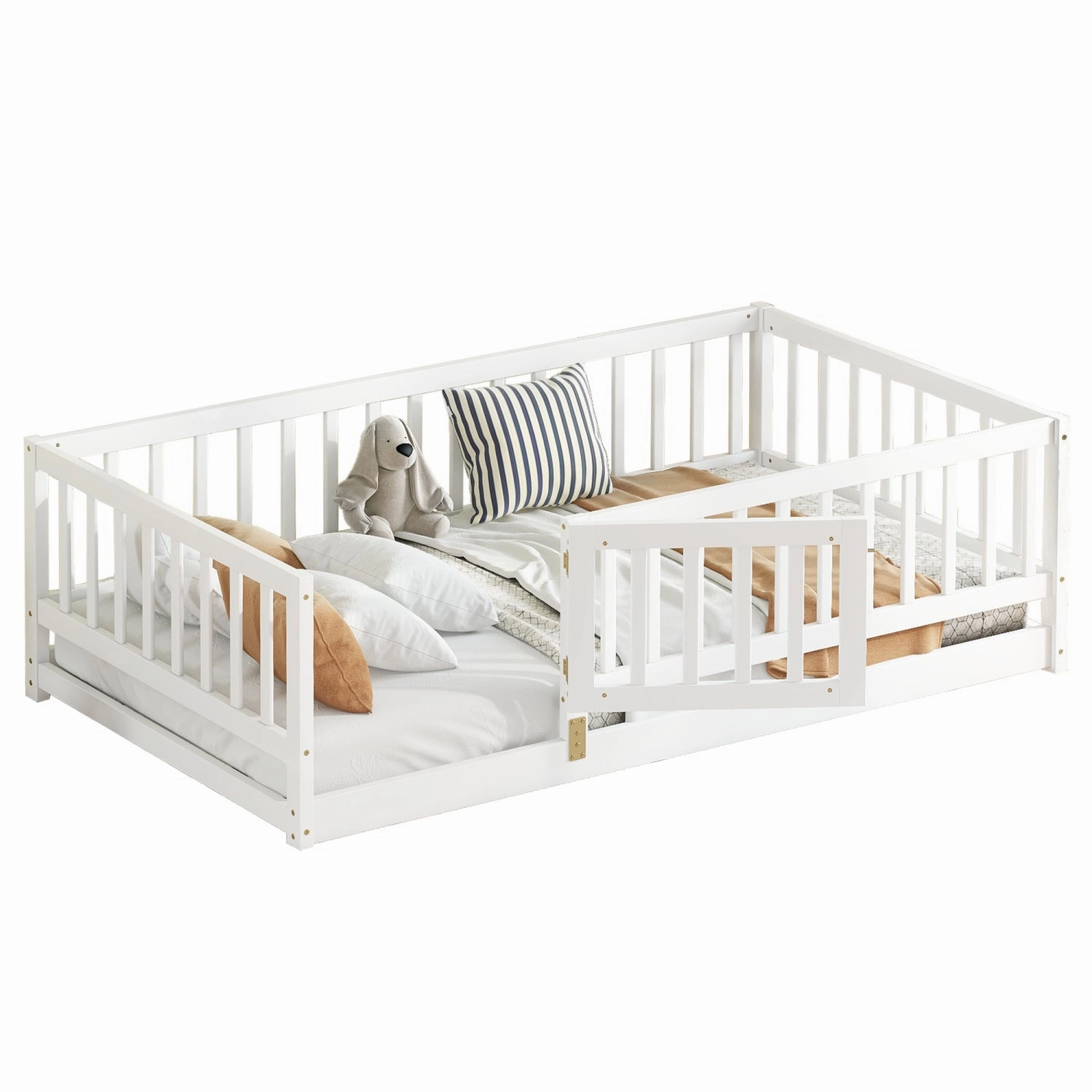 Streamdale Twin Floor Bed with Fence & Door (White)