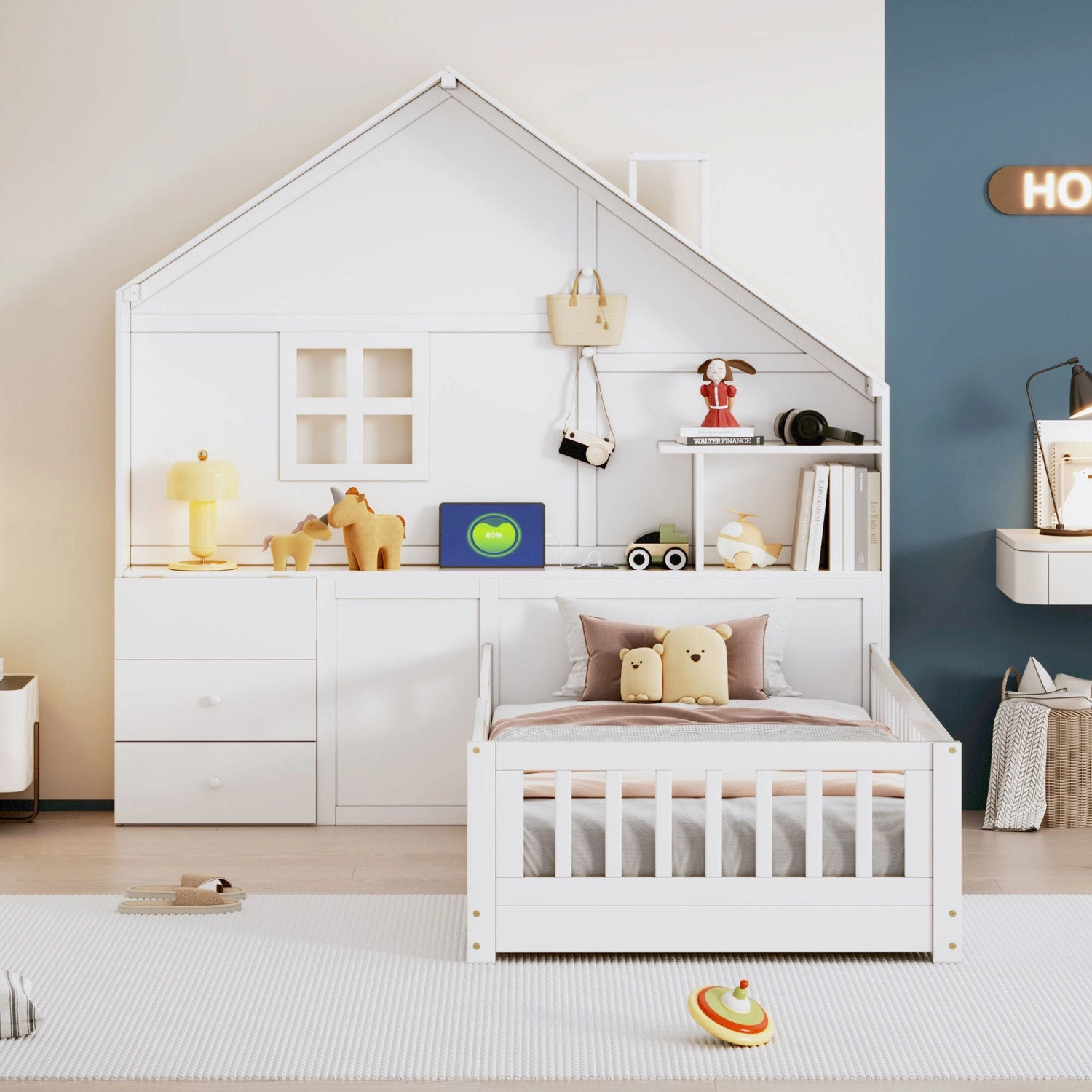 Streamdale Twin House Bed: Window, Drawers, Shelves, USB