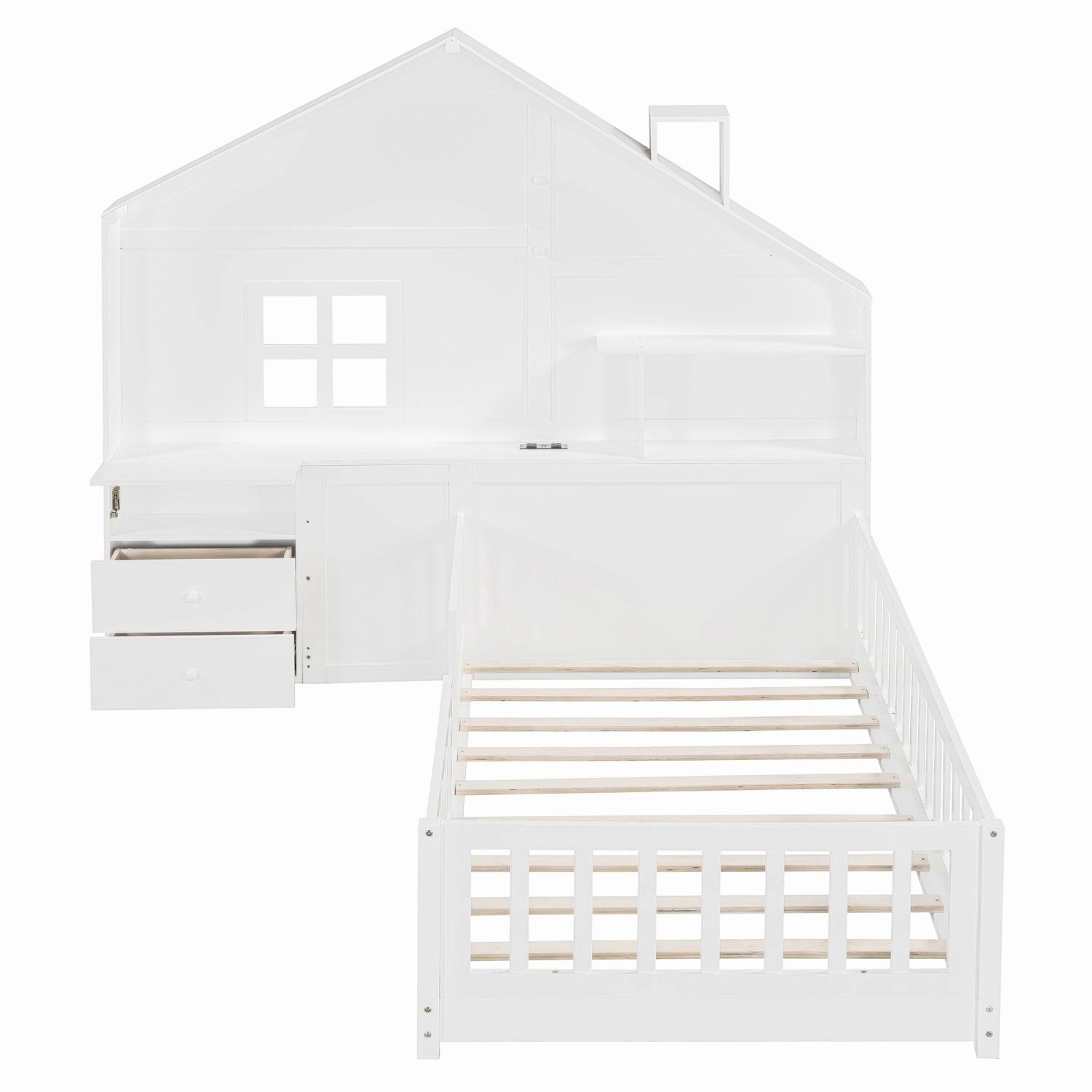 Streamdale Twin House Bed: Window, Drawers, Shelves, USB