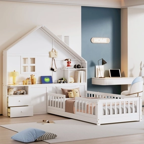 Streamdale Twin House Bed: Window, Drawers, Shelves, USB